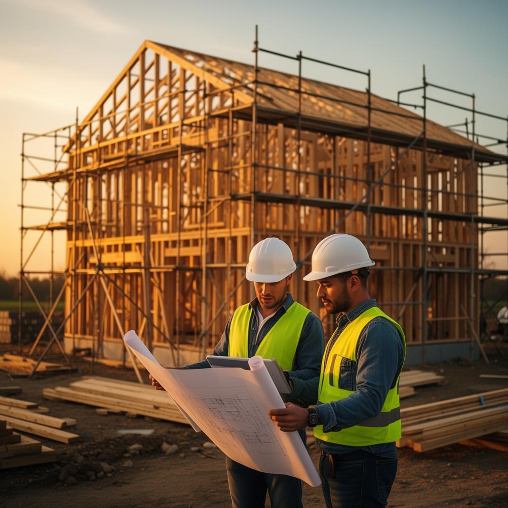 Construction site with framed home and crew